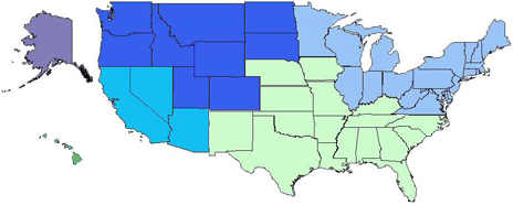 map of the U.S., color-coded by region