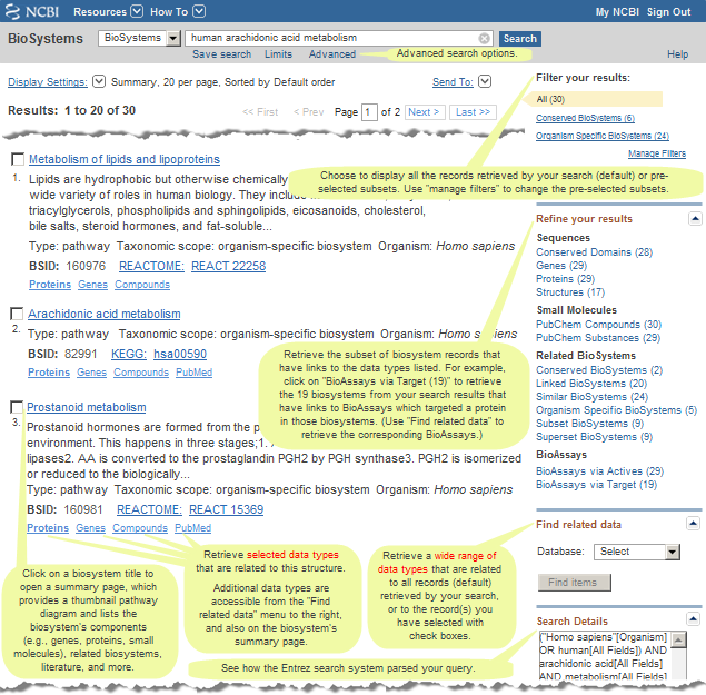 Image of sample BioSystems search results page for human arachidonic acid metabolism. Click on the READ MORE ABOUT column to the right of this image for more information about the options on a search results page. Click on this image to open the live search results page in the BioSystems database. (Note that a larger number of items may be retrieved if new biosystems were deposited since this snapshot was taken.)