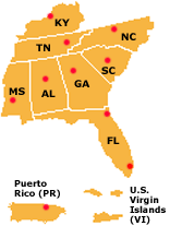 Map of HUD Region 4 (Alabama, Florida, Georgia, Kentucky, Mississippi, North Carolina, Puerto Rico, South Carolina, Tennessee, U.S. Virgin Islands)