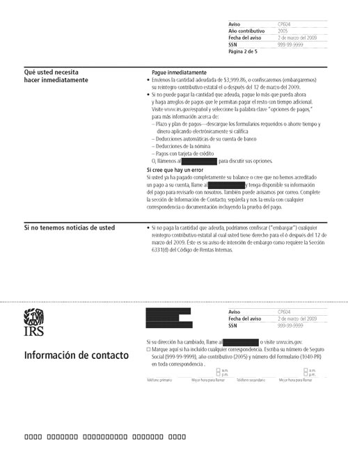 Image of page 2 of a printed IRS CP604 Notice