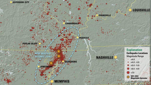 Map showing distribution of earthquakes in the New Madrid sequence