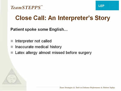 Text: Patient spoke some English...: Interpreter not called; Inaccurate medical history; Latex allergy almost missed before surgery.