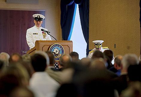 Master Chief Petty Officer of the Navy (MCPON) Michael D. Stevens delivers remarks during the MCPON Change of Office ceremony at the Sail Loft at the Washington Navy Yard. Stevens replaced retired MCPON Rick D. West as the 13th MCPON, and was selected while serving as the U.S. Fleet Forces Fleet Master Chief.  U.S. Navy photo by Mass Communication Specialist 2nd Class Kiona Miller (Released)  120928-N-KV696-047