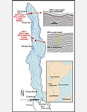 A bathymetric map of Africa's Lake Malawi shows locations of drilling sites, bottom profiles.