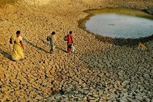 Photograph of three women in India walking across an arid landscape to reach a small water source.