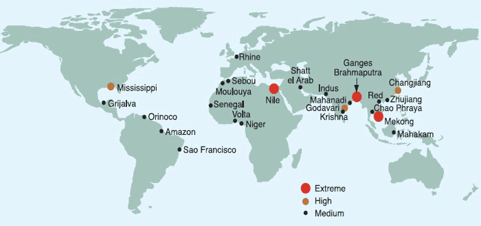 Global map that shows regions of vulnerable coastal deltas. The Nile, Ganges Brahmaputra, and Mekong are highlighted as areas with extreme vulnerability.