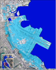Map of the San Francisco Bay with a focus on a low-lying area of San Francisco that would be under water.