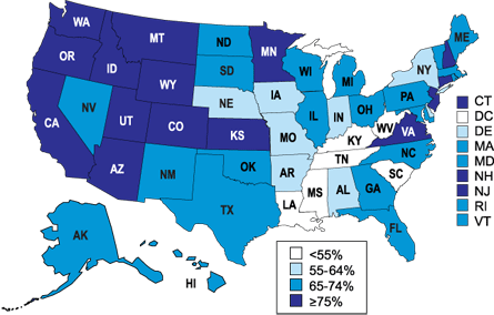 Percent of Children Ever Breastfed by State among Children Born in 2000