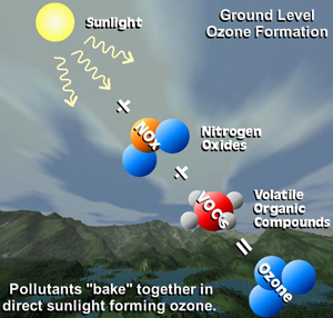 Illustration of the formation of ground level ozone. Pollutants (including Nitrogen Oxides and Volatile Organic Compounds) 'bake' together in direct sunlight to form ozone.