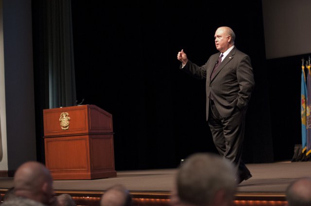 Under Secretary of the Army Joseph W. Westphal addresses students at the Command and General Staff College about their critical role in the Army of the Future and the importance of leader development, Sept. 7, 2012, Fort Leavenworth, Kan.