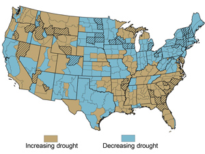 Map of the United States that shows about half of the country with increasing drought and half with decreasing drought. The Northeast, Midwest and parts of the Great Plains appear to have decreasing drought. The Southwest, Southeast, and Northwest appear to have increasing drought.