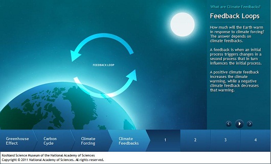 Feedback Loops - How much will the Earth warm in response to climate forcing? The answer depends on climate feedbacks. A feedback is when an initial process triggers changes in a second process that in turn influences the initial process. A positive climate feedback increases the climate warming, while a negative climate feedback decreases that warming.