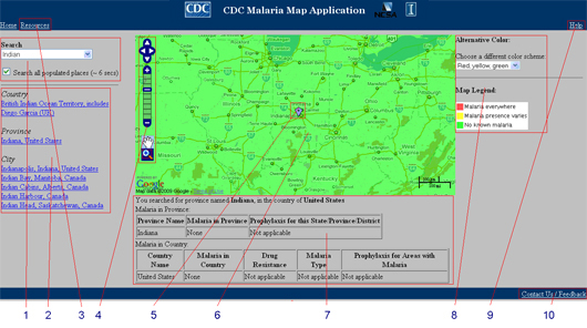 A diagram of the Malaria Map Application referencing the numbers from the list above.