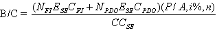 B slash C equals open parenthesis N subscript FI times E subscript SE times C subscript FI plus N subscript PDO times E subscript SE times C subscript PDO close parenthesis times open parenthesis P slash A comma i percent comma n close parenthesis all over CC subscript SE.