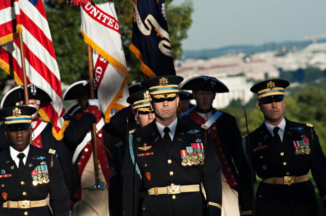 U.S. Army Soldiers from the 3rd Infantry Regiment "The Old Guard" march during Twilight Tattoo and the Outstanding Civilian Service Award ceremony at Joint Base Myer-Henderson Hall, Va. Oct. 11, 2012. (U.S. Army Photo by Staff Sgt. Teddy Wade/Released) Digital