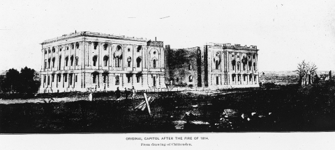 Drawing of the U.S. Capitol after the Capitol was burned by British Troops on August 24, 1814, during the War of 1812.