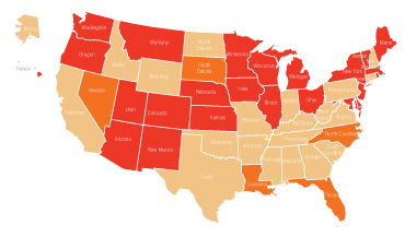 This image is a color-coded map of the United States that displays which states ban smoking in worksites, restaurants, and bars; which states ban smoking in two of these locations; and which states have less comprehensive bans or no restrictions.  States with bans in worksites, restaurants, and bars = Washington, Oregon, Montana, Utah, Arizona, Colorado, New Mexico, Nebraska, Kansas, Minnesota, Iowa, Wisconsin, Illinois, Michigan, Ohio, New York, Vermont, Maine, Massachusetts, New Jersey, Rhode Island, Delaware, Maryland, District of Columbia, Hawaii. States with bans in two of these locations = Nevada, South Dakota, Louisiana, Florida, North Carolina. States with less comprehensive bans or no restrictions = Alaska, California, Idaho, Wyoming, North Dakota, Oklahoma, Texas, Missouri, Arkansas, Indiana, Kentucky, Tennessee, Mississippi, Alabama, Georgia, South Carolina, West Virginia, Virginia, Pennsylvania, New Hampshire, Connecticut. Click to view larger map.