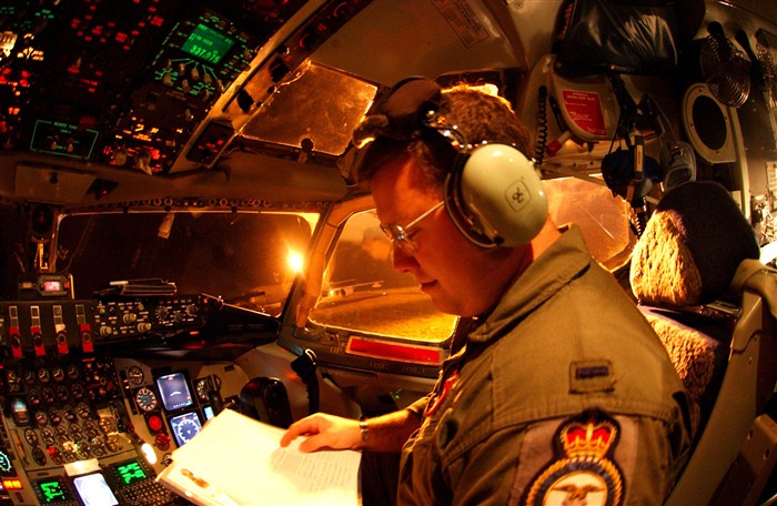 ROYAL AIR FORCE MILDENHALL, United Kingdom &mdash; Air Force 1st Lt. Joe Schwab, a KC-135 Stratotanker pilot, from the 351st Air Refueling Squadron prepares for take off here early Jan. 19, 2006. (Air Force photo by Airman 1st Class Kristi Mulder)