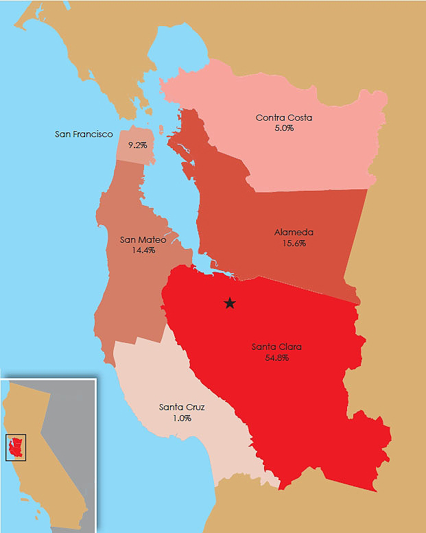 Map 1. Distribution of High-Tech Employment in Silicon Valley by County in 2008