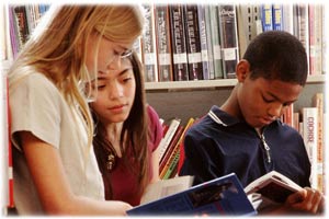 Students reading in a library.