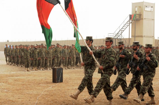 Members of the Afghan National Army color guard at Camp Hero, Afghanistan, post the national colors during a graduation ceremony at the Regional Military Training Center-Kandahar, Sept. 13, 2012. The RMTC-K graduated more than 1,000 soldiers at the ceremony from both the basic training course and the officer basic course.