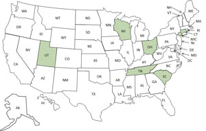 A map of the United States highlighting states that participate in FoodCORE.