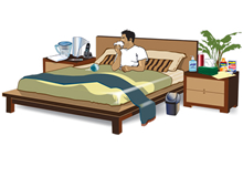 Set up a sick room with items available such as tissues, pitcher with ice, thermometer, and a humidifier. This man in bed has access to many of these items in a separate room.