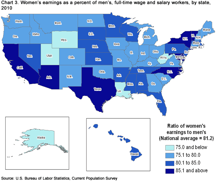 Chart 3. Women’s earnings as a percent of men's, full-time wage and salary workers, by state, 2010 