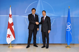 Left to right: President Mikheil Saakashvili of Georgia shaking hands with NATO Secretary General, Anders Fogh Rasmussen