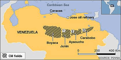 Map showing oil fields in Venezuela