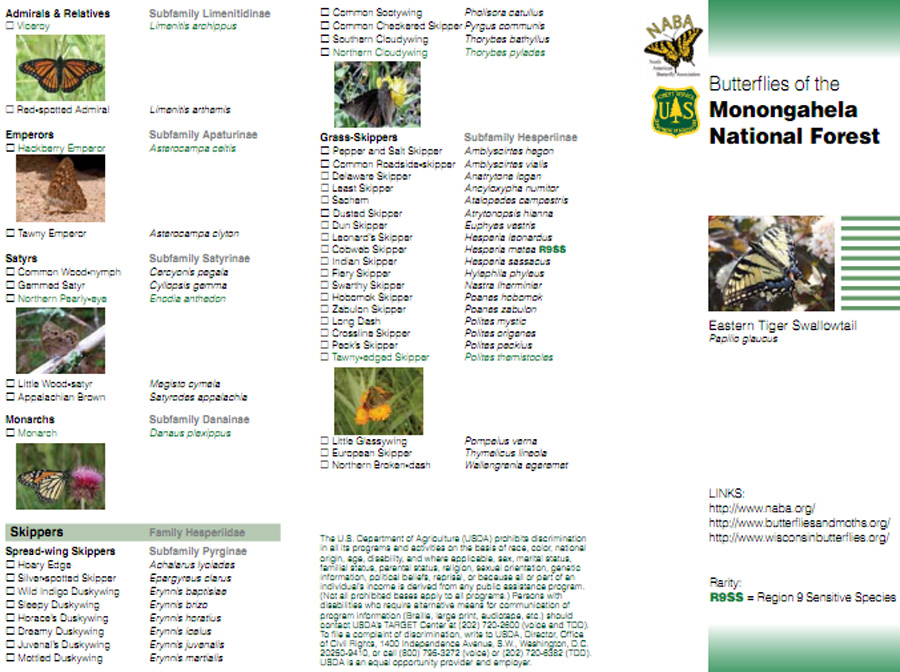 An example of a butterfly checklist for the Monongahela National Forest.