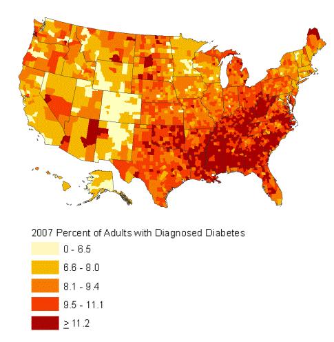 Map showing percentage of U.S. adults with diagnosed diabetes