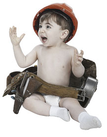 Toddler in a hard hat and tool belt