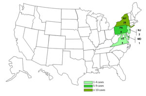 Map of persons infected with the outbreak strain of Salmonella Enteritidis, by state