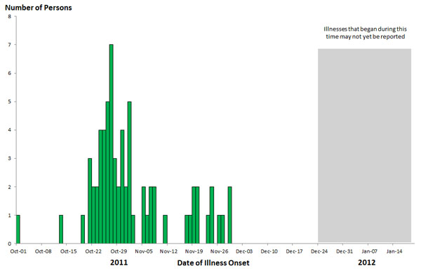 Persons infected with the outbreak strain of Salmonella Enteritidis, by date of illness onset