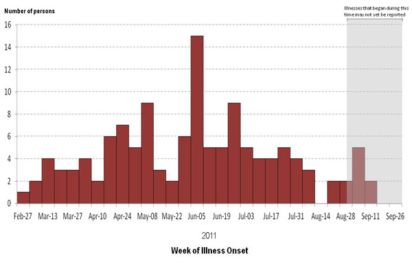 A bar graph indicating numbers of persons infected with the outbreak strains of Salmonella Heidelberg, by week of illness onset.