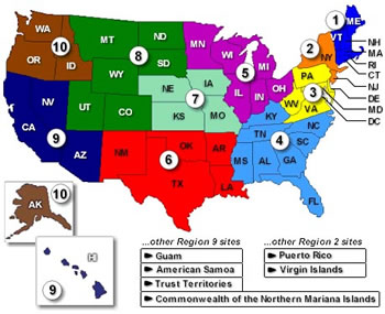 Map of United States showing the country divided into different regions