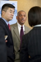 Secretary of Commerce Gary Locke and NASA Administrator Charles Bolden speak to reporters during a town hall meeting