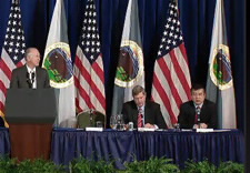 Secretaries Salazar, Vilsack and Locke seen at conference.