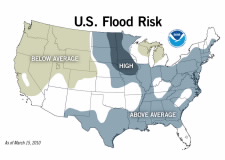 Map of U.S. showing areas of flood risk. Click for larger image.