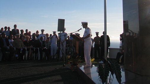Admiral Haney, Commander of the U.S. Pacific Fleet, speaks at a ceremony recognizing the 70th anniversary of the beginning of the Guadalcanal campaign in the Solomon Islands. [State Department photo/ Public Domain]