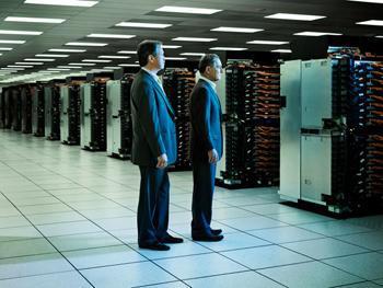 Photo: The Livermore Lab's Sequoia supercomputer will be recognized today as one of the 10 top "world changing" innovations of the year, earning a Popular Mechanics 2012 Breakthrough Award: http://buff.ly/PcZAnJ

In this photo, the Lab's own Bruce Goodwin and Michel McCoy stand with Sequoia, an IBM BlueGene/Q machine that has so far clocked 16.3 petaflops - 16,300 trillion calculations per second -  making it the fastest high performance computing system in the world.