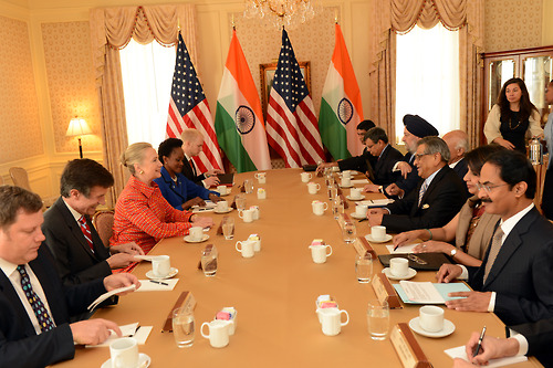 U.S. Secretary of State Hillary Rodham Clinton meets with Indian Foreign Minister S.M. Krishna in New York, New York on October 1, 2012. [State Department photo/ Public Domain]