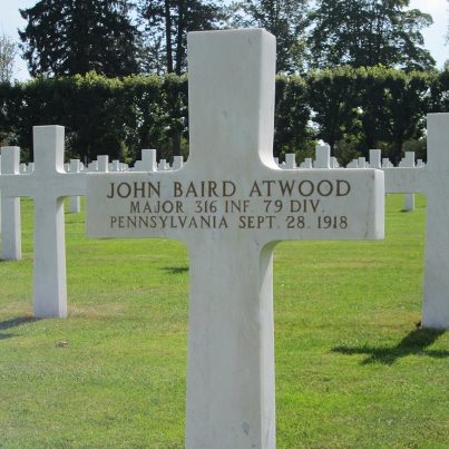 Photo: Remembering World War I: Maj. John Atwood commanded the 3rd Battalion of the 316th Regiment during the first phase of the Meuse-Argonne campaign of World War I.  His battalion had followed in support to take Montfaucon. From the open ground north of the hill, he lead his men forward to the Bois de Beuge. At 8:51 a.m. on September 28, 1918,  he sent the message that the battalion had entered the southern edge of the wood. Nine minutes later he was killed.