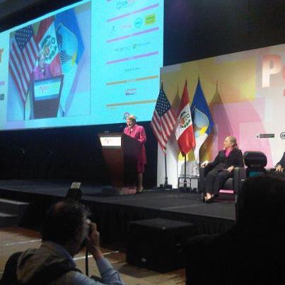 Photo: Former Chile Pres. Bachelet speaking at Women's "Power" conference in Lima, with Sec.Clinton & Peru Pres. Humala: