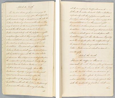 Photo: A National Archives treasure is on loan to the National Portrait Gallery.  The Treaty of Ghent (ratified American Original, TS 109) is exhibited in the NPG’s current show, “1812: A Nation Emerges.”  NARA conservators have requested that light levels on the Treaty be kept to a minimum during the exhibit in order to extend the life of this document. This bound Treaty will be displayed open from June 15, 2012 through January 27, 2013.  However, midway into the show a conservator will turn a page in the Treaty to reveal a new opening.  This practice further reduces the risk of damage from light.  Here you can see the pages of the Treaty currently on display.