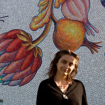 Photo: Question: What was your first thought when AIE Chief Curator Virginia Shore approached you about working on this commission?

Andrea: I was delighted when Arts in Embassies curator Virginia Shore approached me about placing my artwork in the new American Embassy in Bucharest, Romania, which is the country where I was born, and was especially pleased when she commissioned a mosaic mural, because I thought that will be something really lovely that can be displayed outdoors, where more people can see it as they visit the embassy.  My first thought was how unbelievable it is to have the opportunity to make something beautiful on behalf of my 'new' country to be shared with my original country, Romania.  The project would allow me to bridge between two cultures that have shaped me in profound ways, and to open my heart and give something personal as an expression of gratitude to both American and Romania.