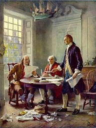 John Adams, Thomas Jefferson, + Ben Franklin working on the Declaration of Independence