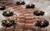 Mason jars, candles, & wreaths up the walkway