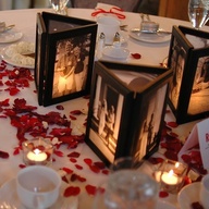 Glue 3 picture frames together with no backs, then place a flameless candle inside to illuminate the photos